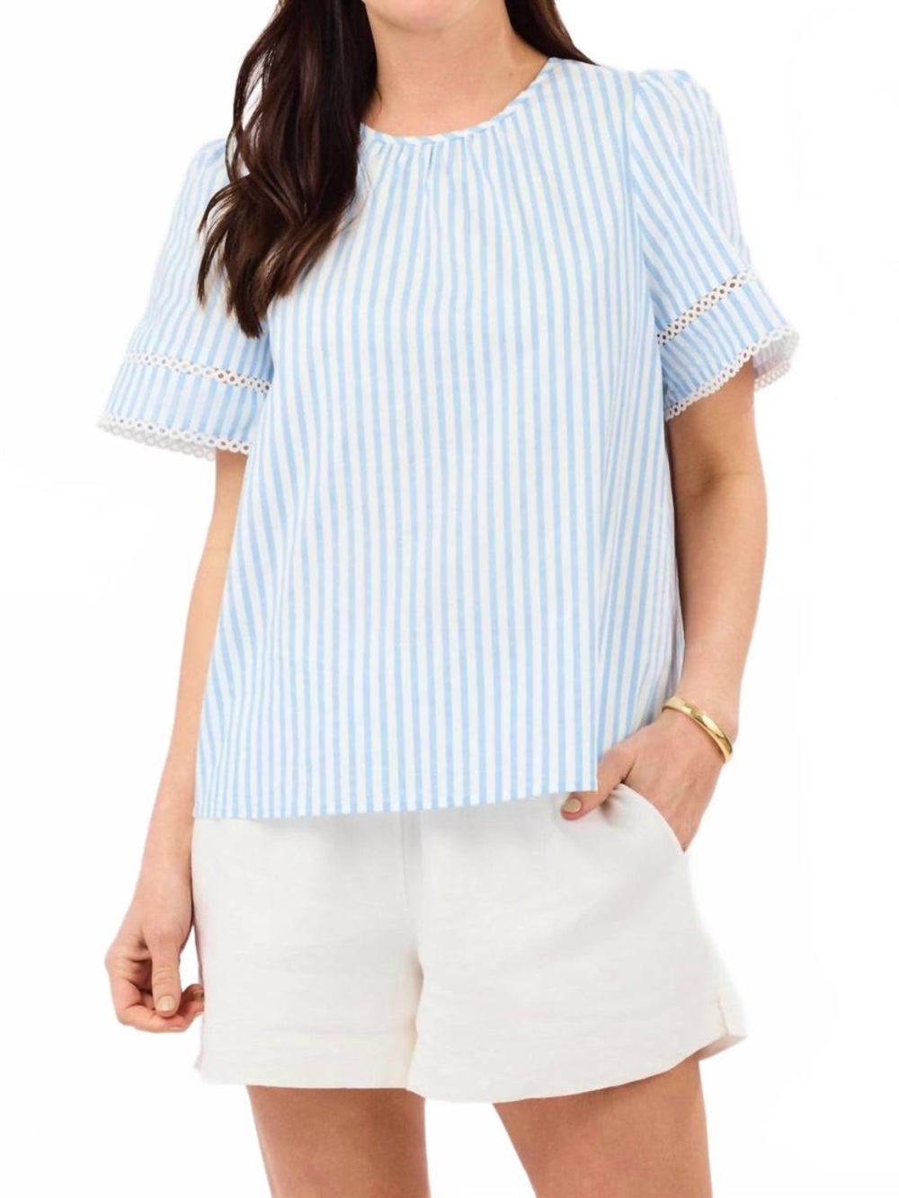 Mary Square Tabby Top In Pin Stripe Blue Size Large Preppy-Coastal